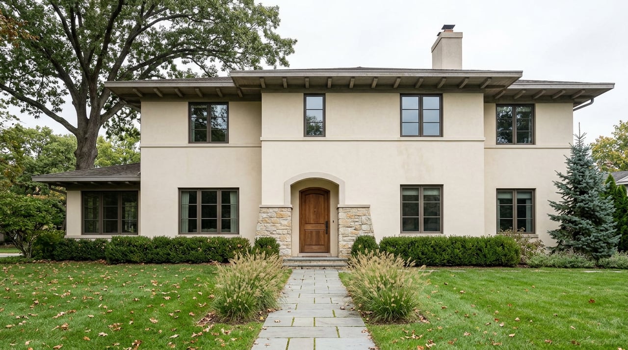 Detached ivory stucco home with arched stone entry, timber door, bluestone path, and oak canopy.