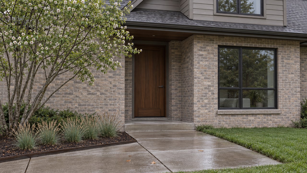 Two-story brick house entry with a walnut door, dark-framed windows, serviceberry tree, and concrete approach.