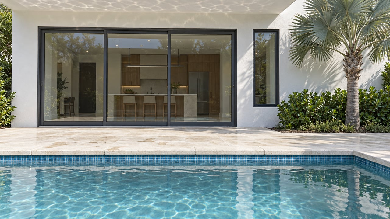 Blue-green tiled pool faces a white stucco house with sliding glass doors, limestone deck, and a fan palm.