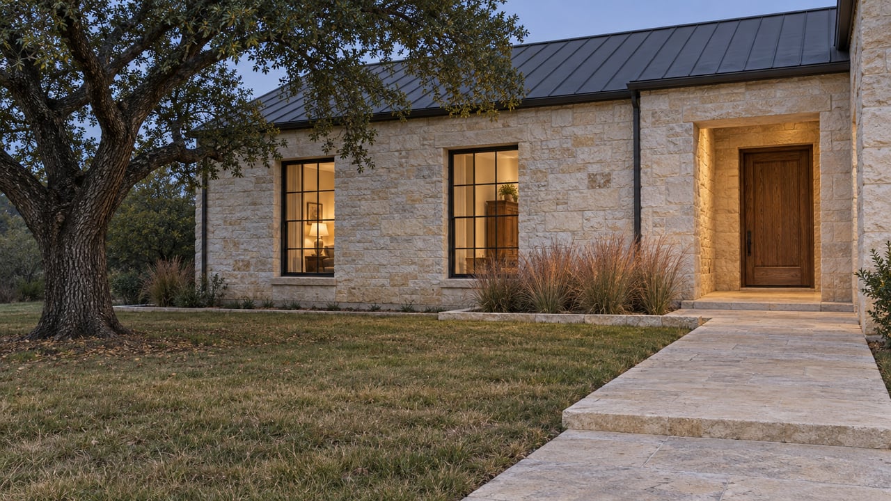 Limestone home with warmly lit windows, an oak entry door and a broad autumn lawn beneath a spreading live oak at blue hour.