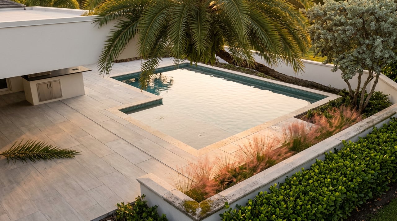 Open-air pool with pale stone sun shelf, palm fronds overhead, and broad gray pavers.
