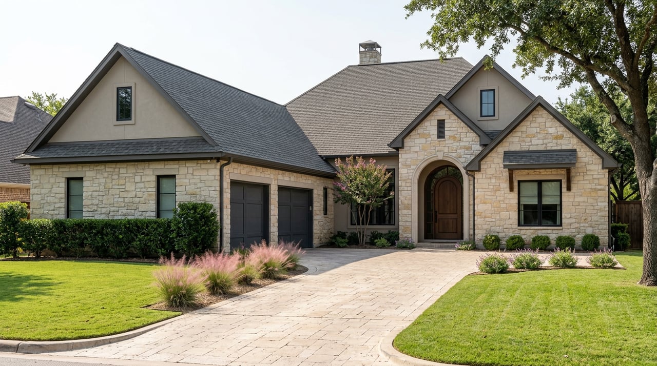 Stone-and-stucco suburban house with arched walnut entry, charcoal garage, curving paver driveway, and broad lawn.