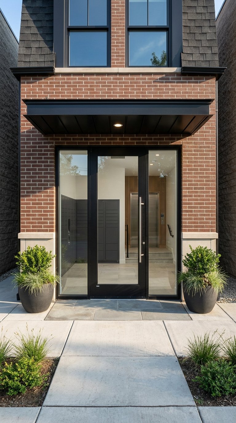 Condo entry with brick base, black storefront vestibule, visible parcel lockers, and coastal planting.