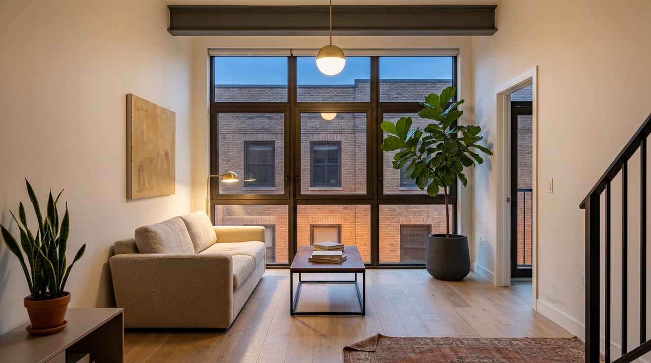 Loft living room with oatmeal sofa, walnut coffee table, pendant lamp, and brick building visible through grid windows.