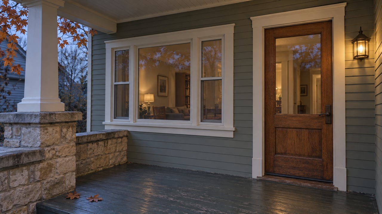 A sheltered wood porch with a glazed oak front door, gray-green clapboards, cream trim and a weathered limestone parapet in cool evening light.