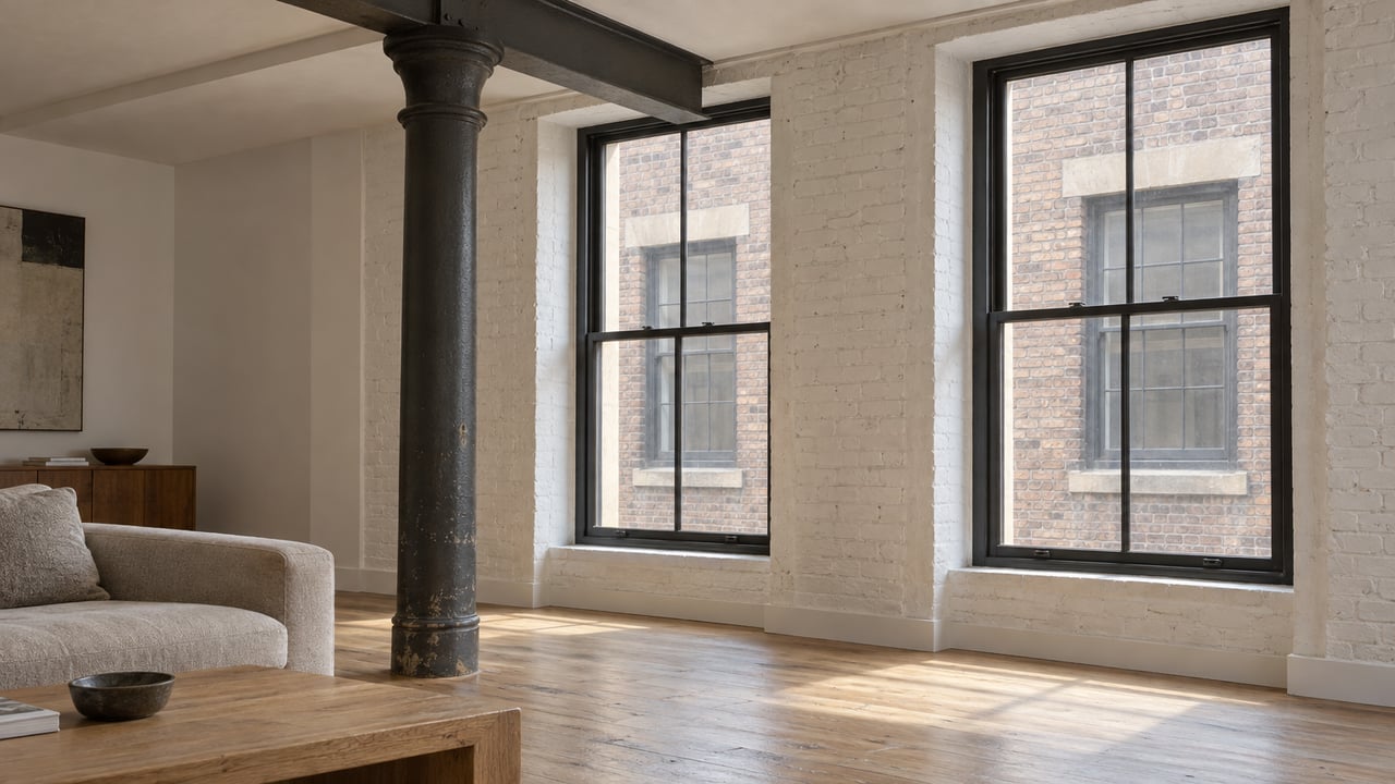 Light-filled loft living room with tall steel windows, whitewashed brick, a dark cast-iron column and light oak floors.