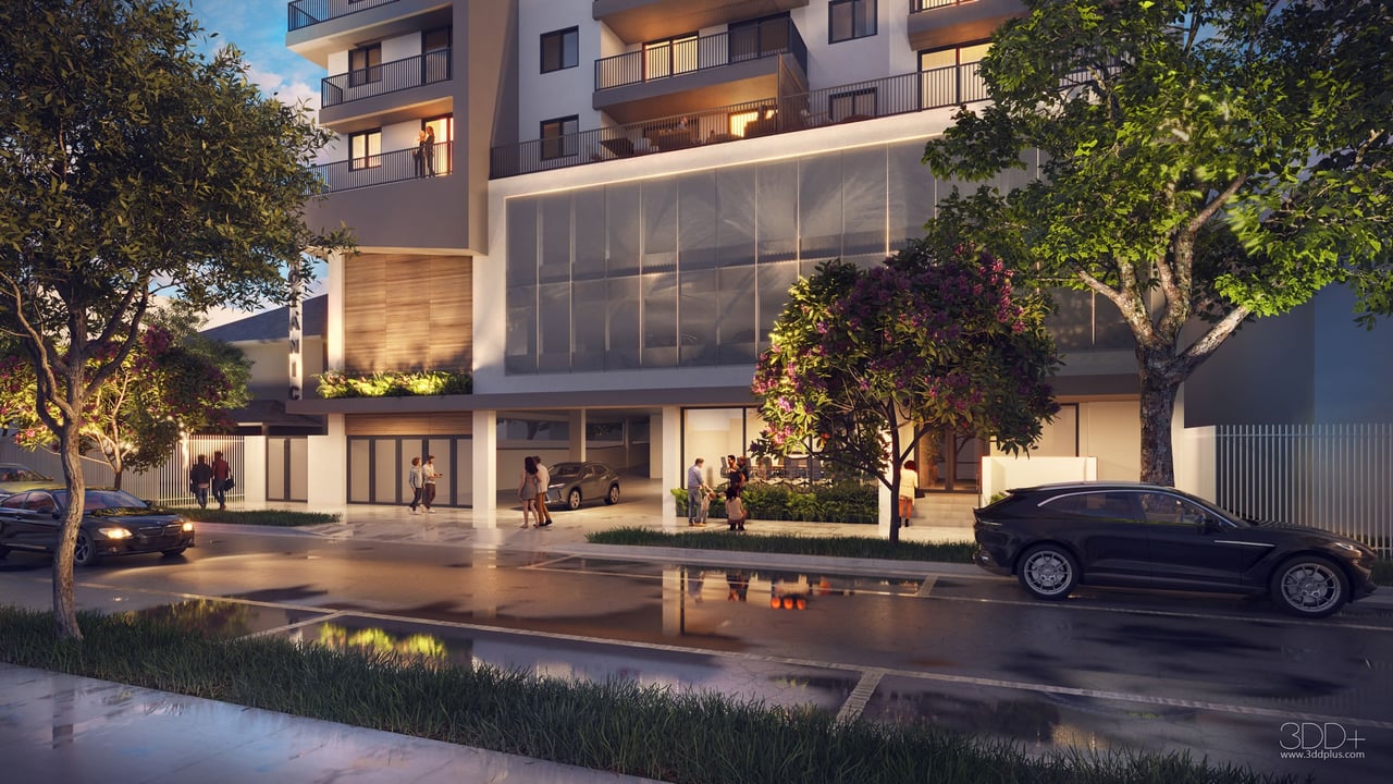 Botanic Residences exterior rendering at dusk, with balconies, landscaped frontage, and wet pavement.