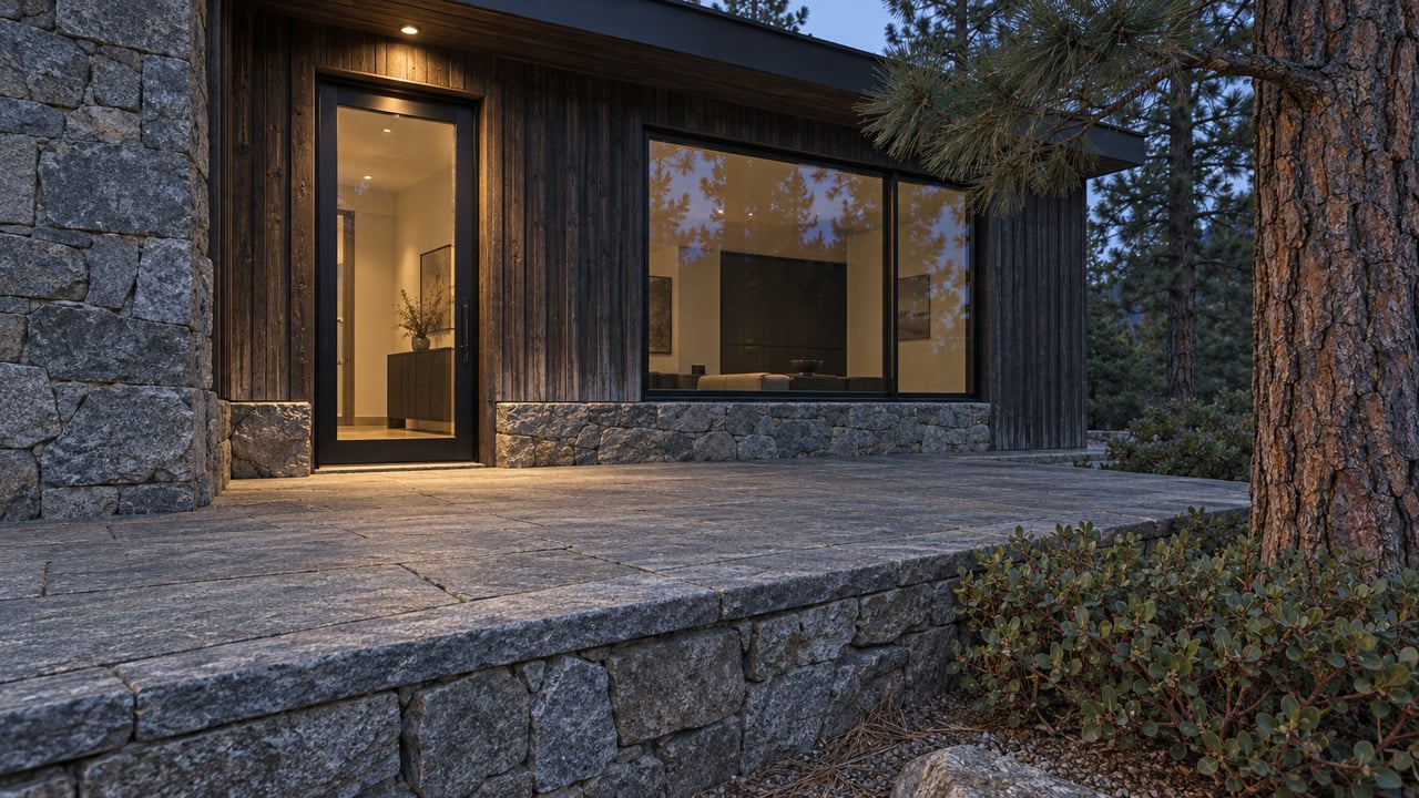 A glazed entry in dark timber and granite at dusk, beside a mature pine and a raised stone terrace.