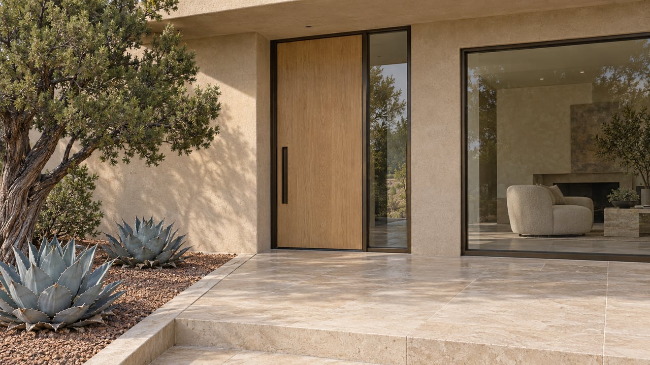 Creamy stucco home entrance with a pale oak pivot door, bronze-framed glass, limestone terrace, sculptural juniper and blue-gray agaves.