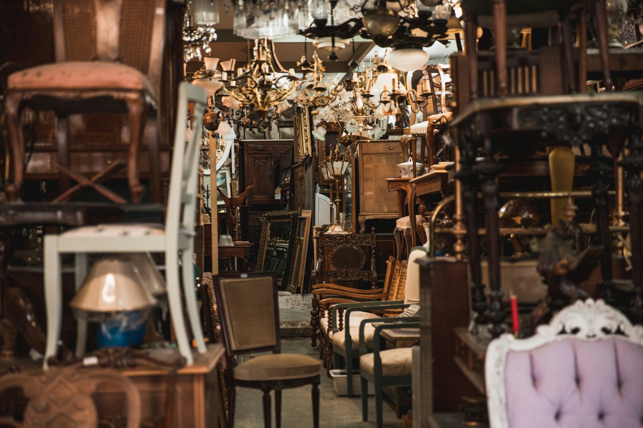 Antique furniture and decorative objects in a vintage showroom