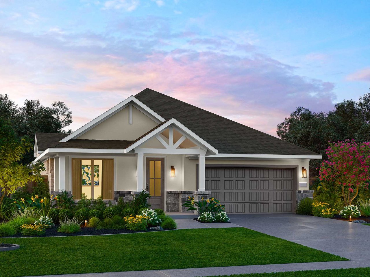 Single-story home with a two-car garage, stone accents, and landscaped front yard at dusk.