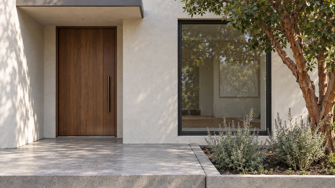 Sunlit stucco entry with a recessed walnut door, black-framed window, concrete landing and sculptural strawberry tree.