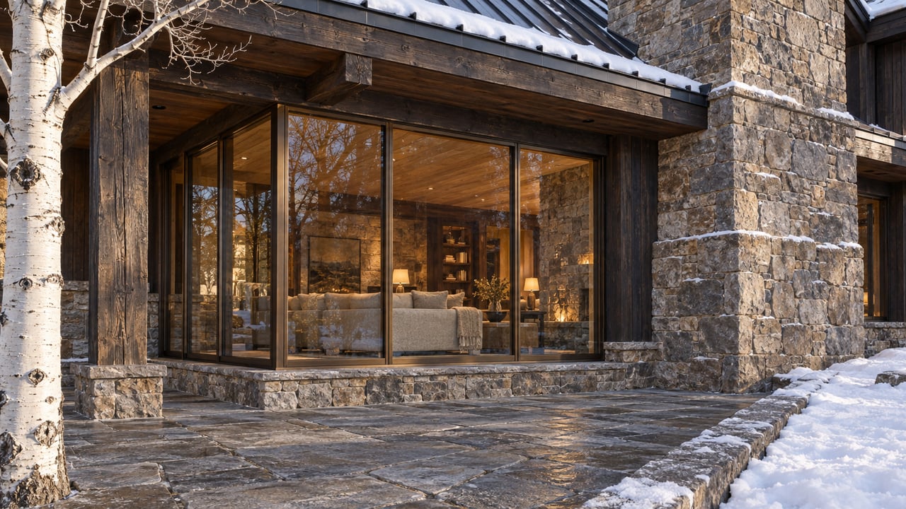 Winter light grazes a timber-and-stone home, with snow edging a quartzite terrace and a warmly lit living room behind bronze-framed glass.