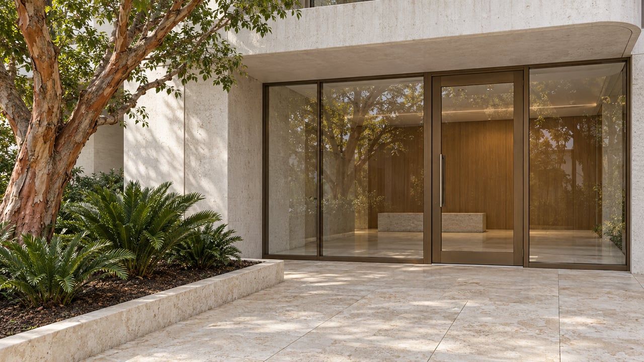 Bronze-framed glass entry beneath a white concrete balcony, beside a copper-barked tree and a raised limestone planting bed.