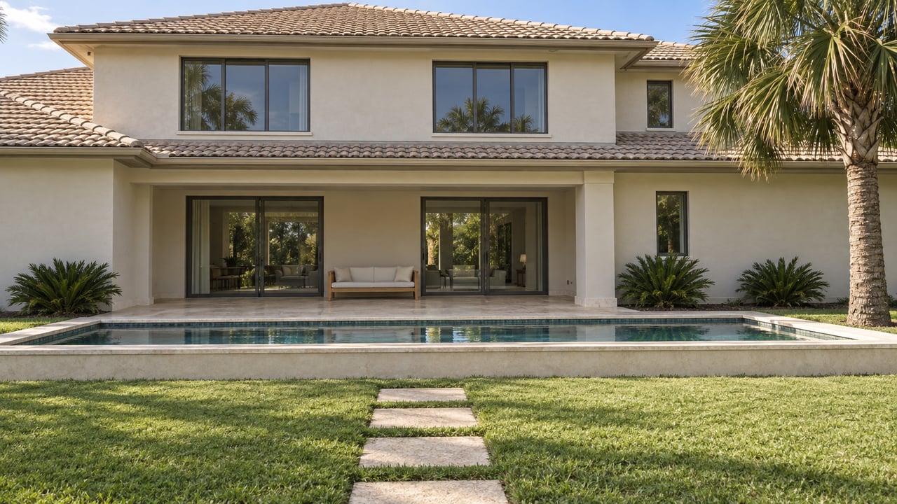 Suburban home with a covered porch, teak bench, reflecting basin, and limestone stepping stones across the lawn.