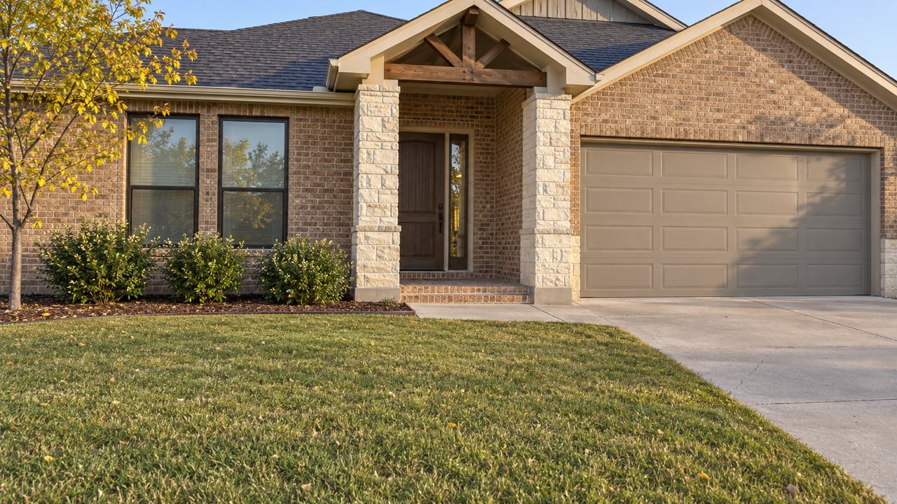 One-story brick-and-stone home with a recessed porch, attached garage and broad autumn lawn in afternoon sunlight.