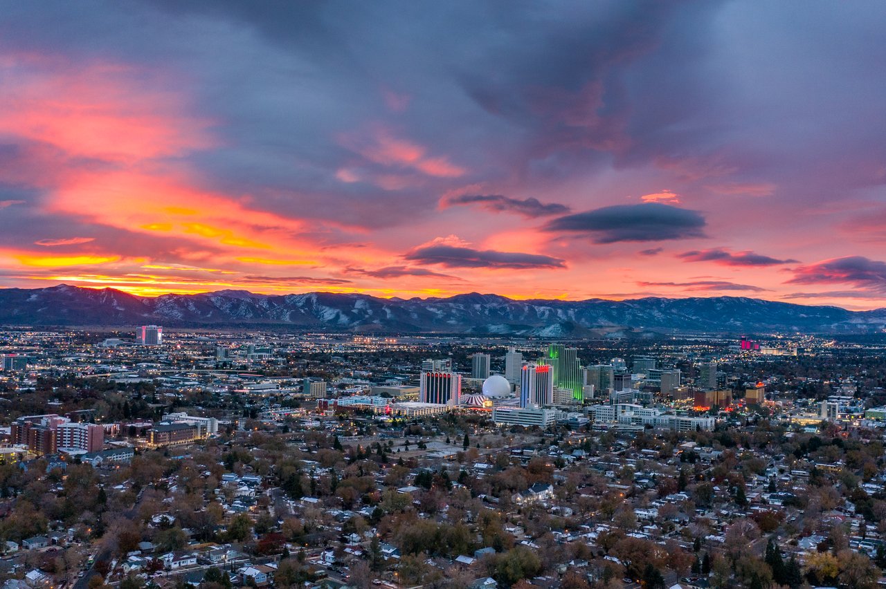 Reno Downtown Skyline with a sunset behind the Sierra Nevadas