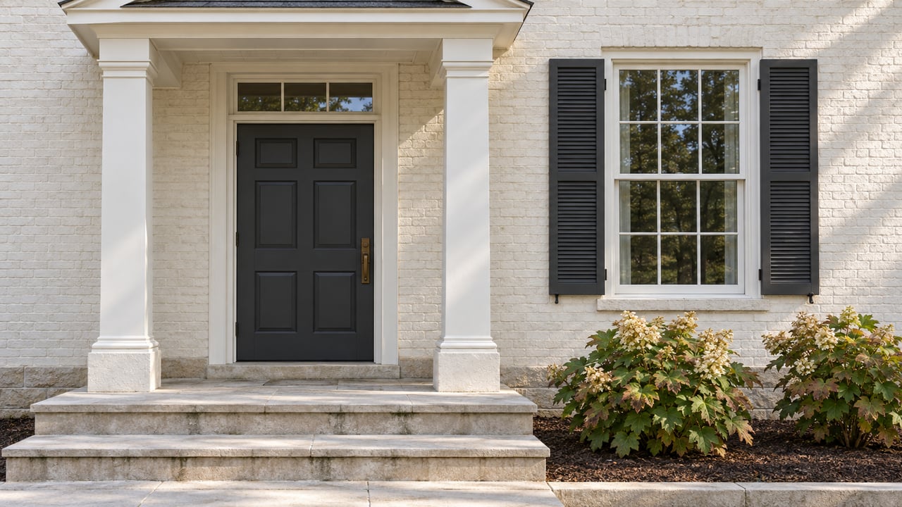Painted-brick home entry with charcoal door and shutters, limestone steps, and oakleaf hydrangeas in morning light.