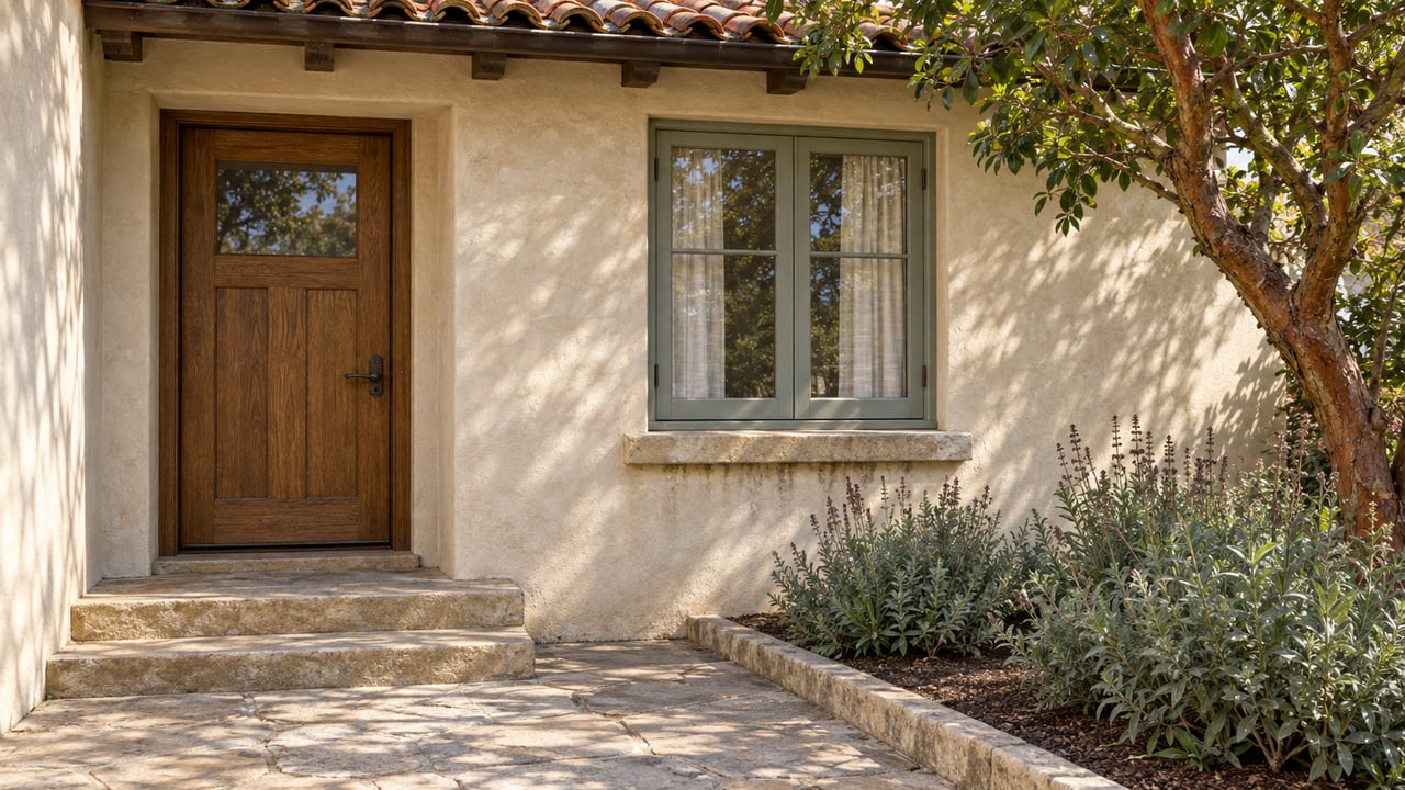 Sunlit plaster home entrance with an oak door, paired timber window, worn stone steps and a strawberry tree beside the approach.
