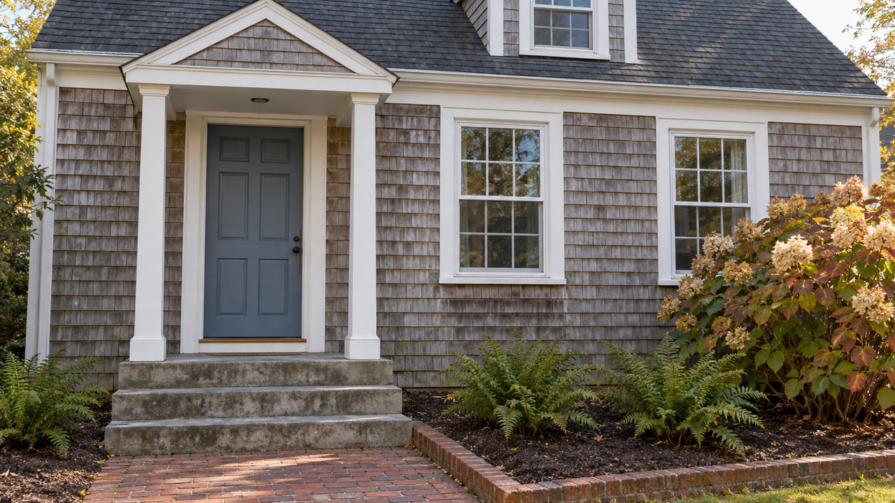 Shingle-sided house with a gray-blue front door, white portico, and brick walkway amid autumn foliage.