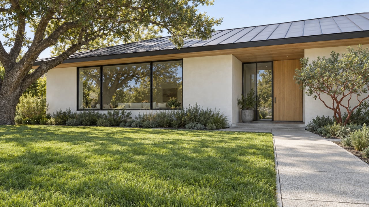 Low white-stucco home with black-framed glazing, a sheltered oak entry, and a deep lawn beneath a spreading oak tree.
