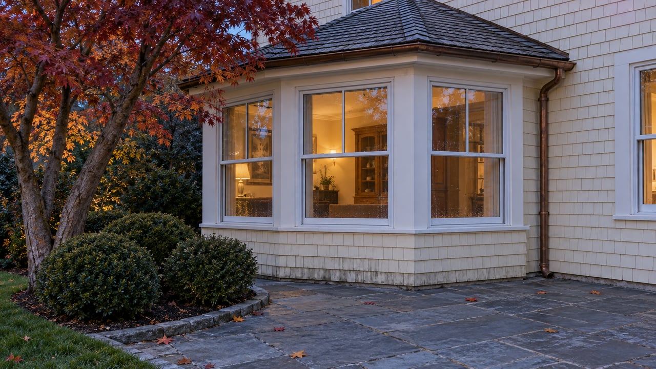 Cream-shingled home's illuminated bay windows above a bluestone terrace, with red maple foliage and a curved planted border at twilight.