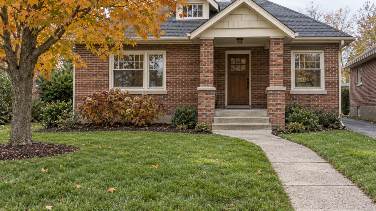 Autumn lawn and a mature amber maple frame a red-brick bungalow with a covered porch and concrete front walk.