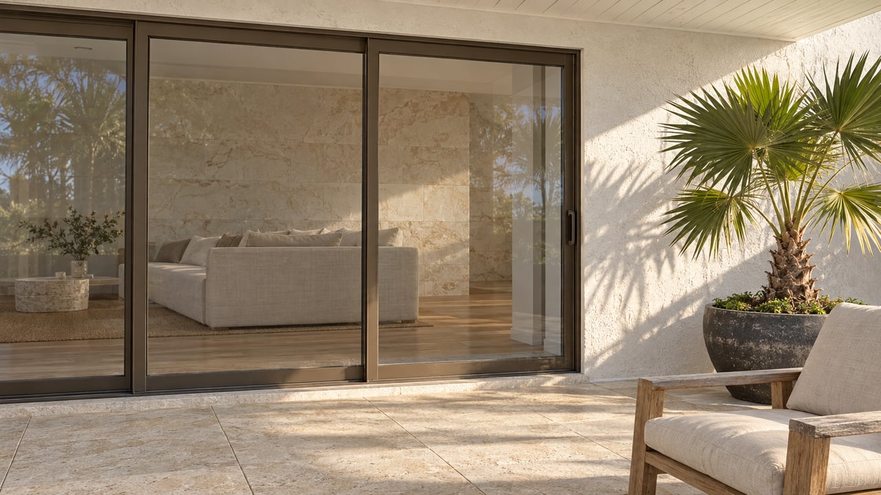 Sunlit limestone terrace with a weathered teak chair, a potted thatch palm, and bronze-framed glass doors into a bright coastal home.