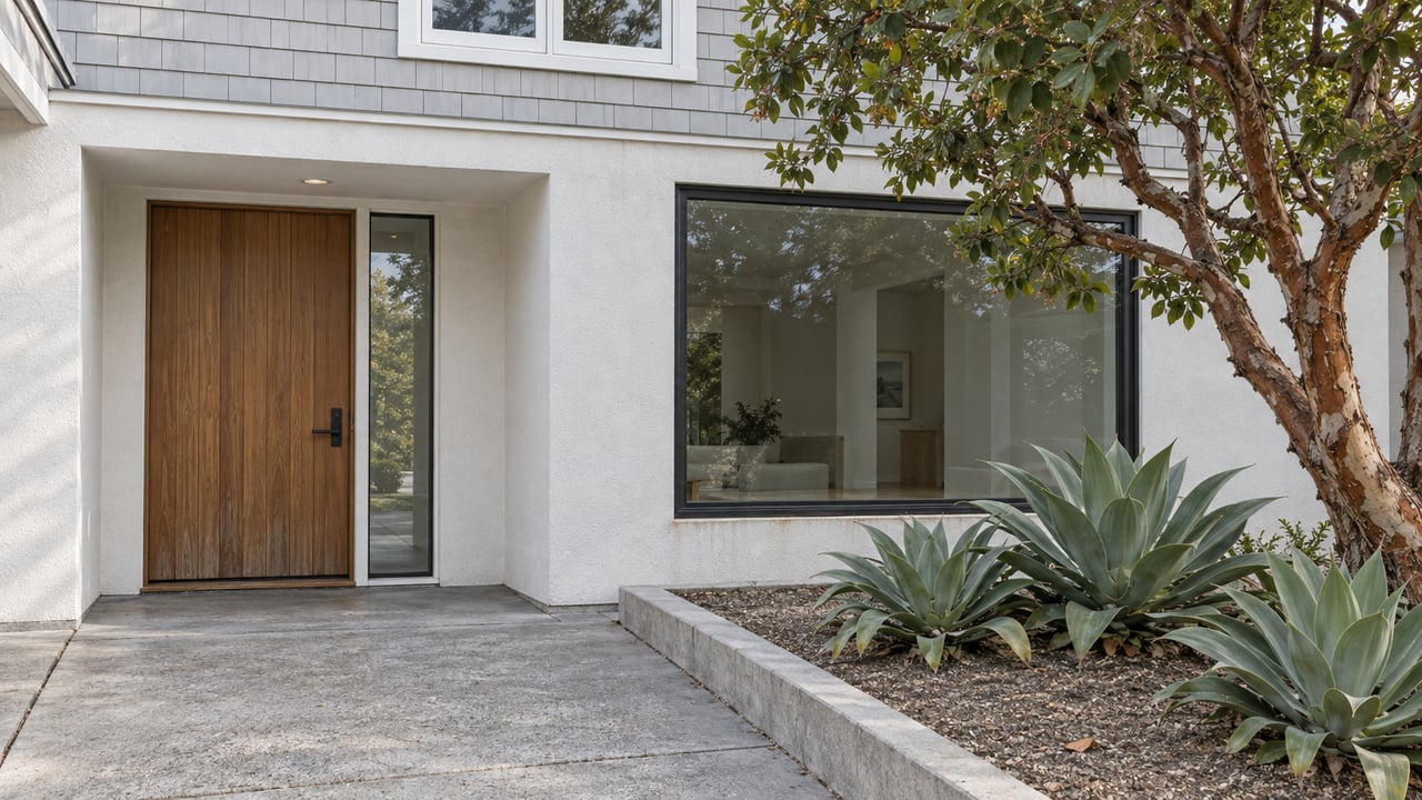Gray-shingle and white-stucco house entrance beside a picture window, with a concrete approach and sculptural planting.