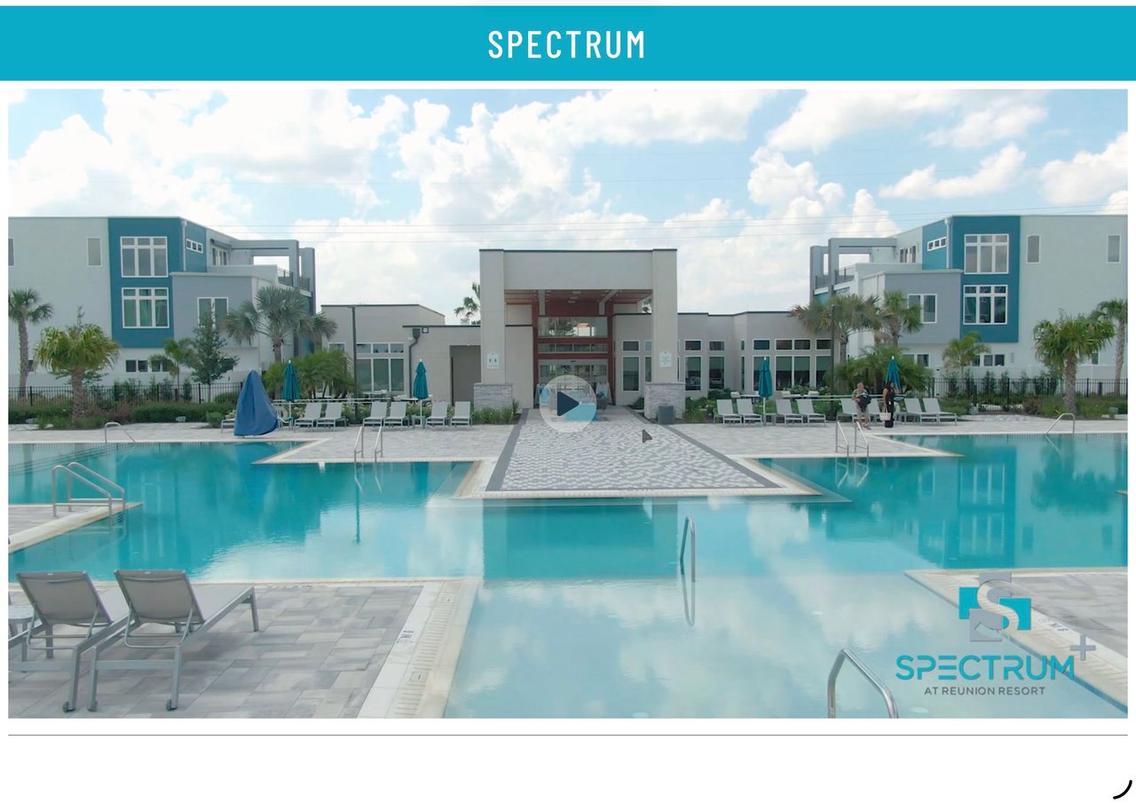 Spectrum at Reunion Resort clubhouse and swimming pool with poolside loungers.