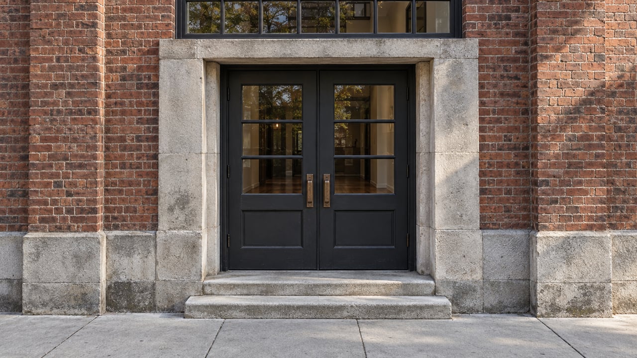 Paired charcoal entrance doors framed by weathered limestone and russet brick, above worn stone steps and a concrete sidewalk.