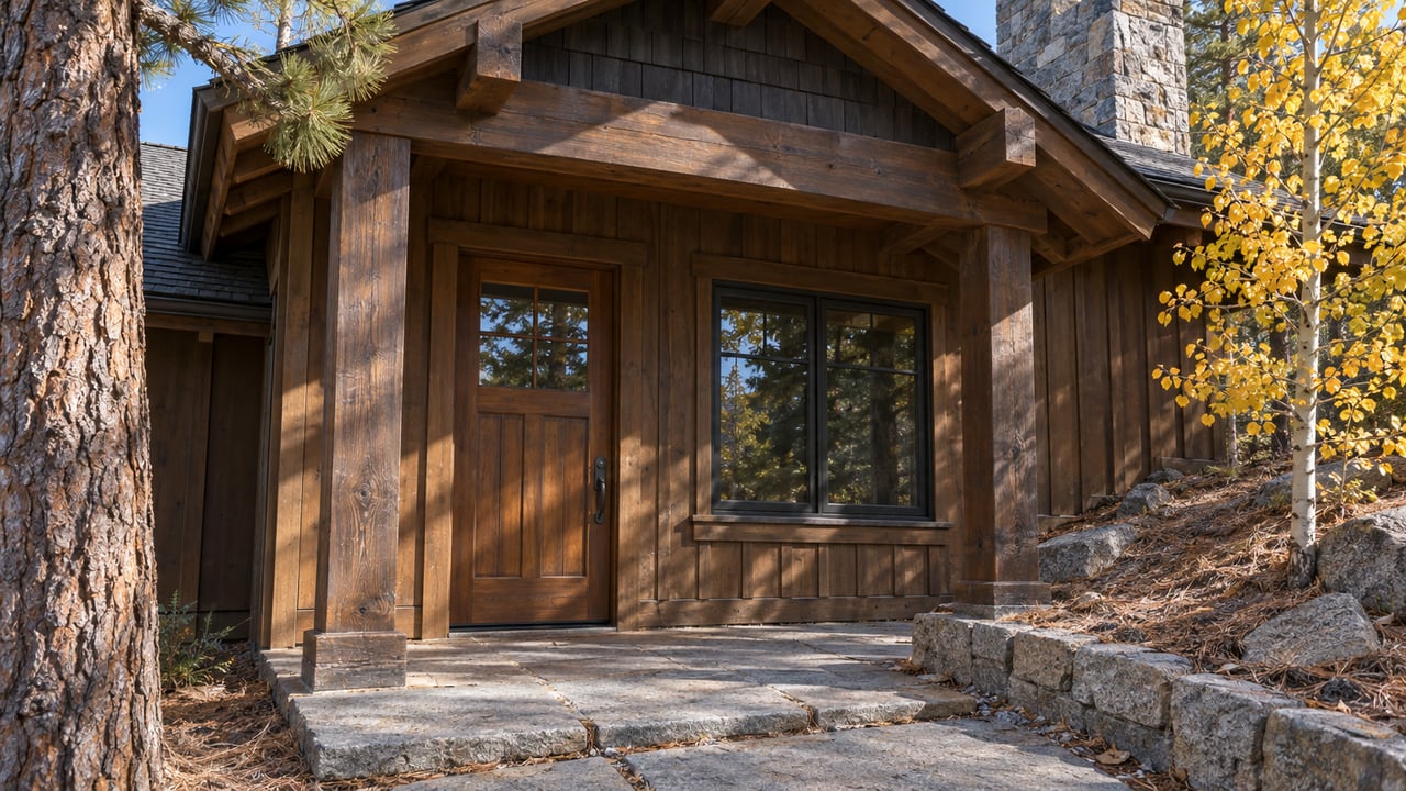 Brown wood-sided home with a covered granite entry porch, dark shingle gable, a pine trunk and yellow aspen leaves in crisp autumn sunlight.