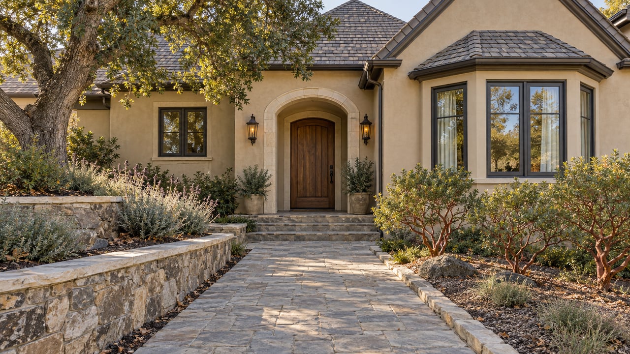 Warm stucco home with gray gabled roof, walnut arched entry, bay windows, stone retaining wall and an oak-framed paver approach.