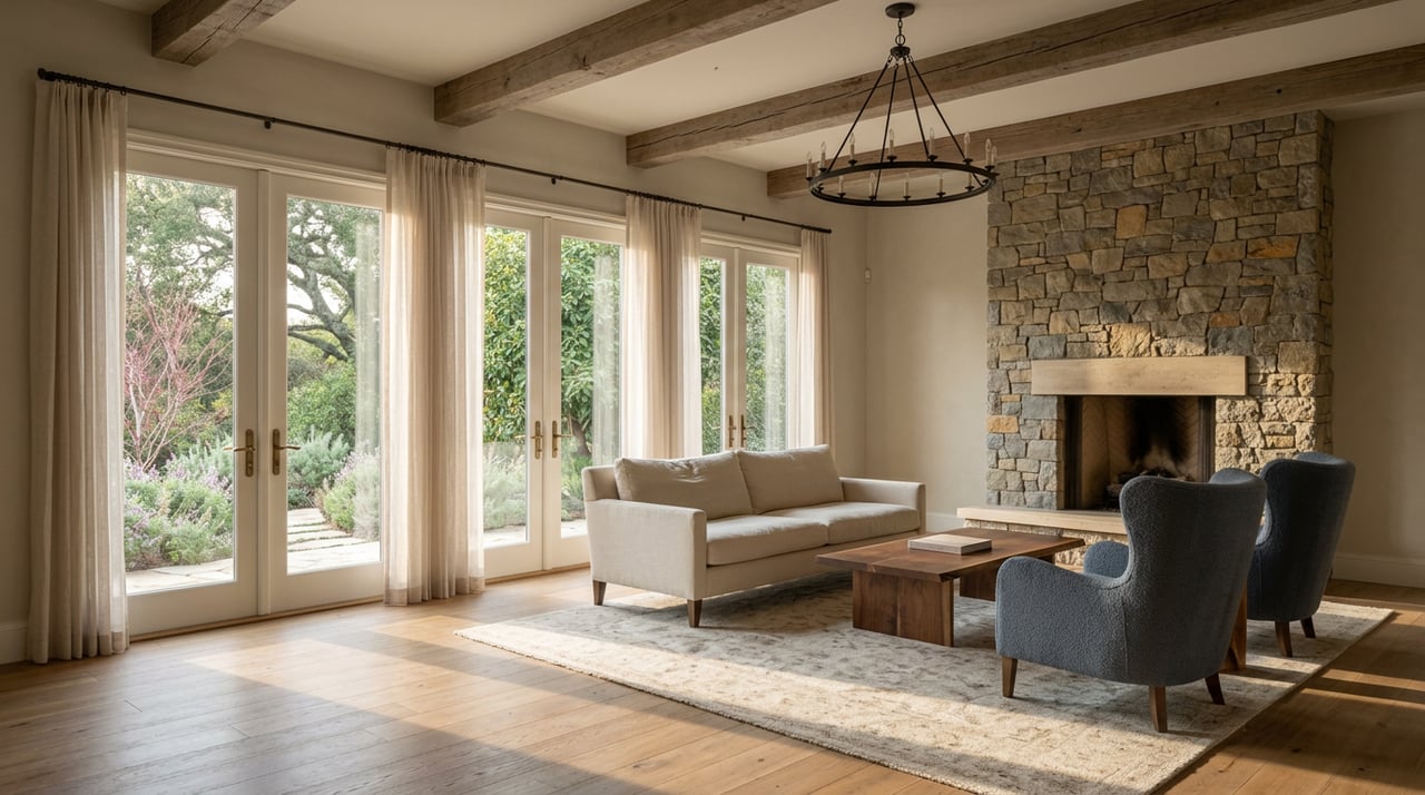 Great room with a stacked-stone fireplace, cream sofa, blue chairs, and French doors opening onto leafy trees.