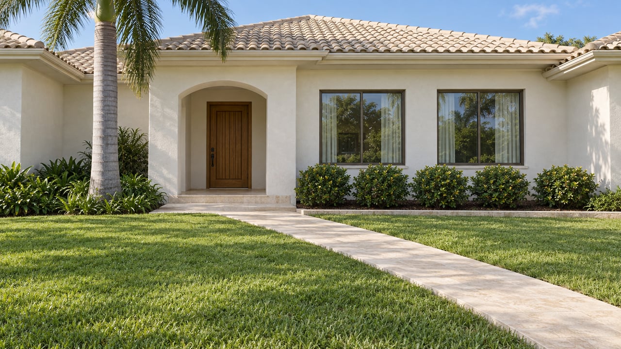 White stucco home with a pale tile roof, arched entry, deep green lawn and a mature palm beside a limestone walkway.