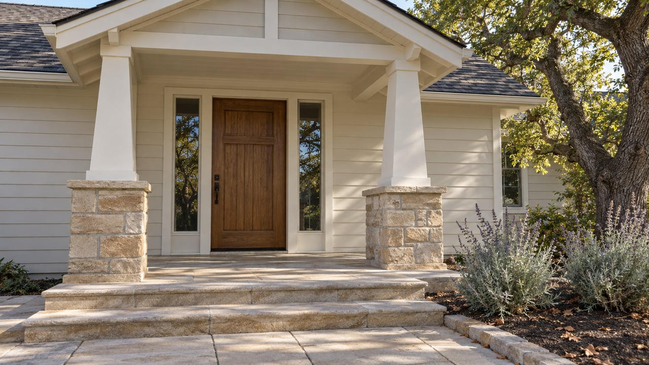 Cream-sided home entrance with oak door, sandstone steps, tapered porch posts, and an oak tree beside the entry.