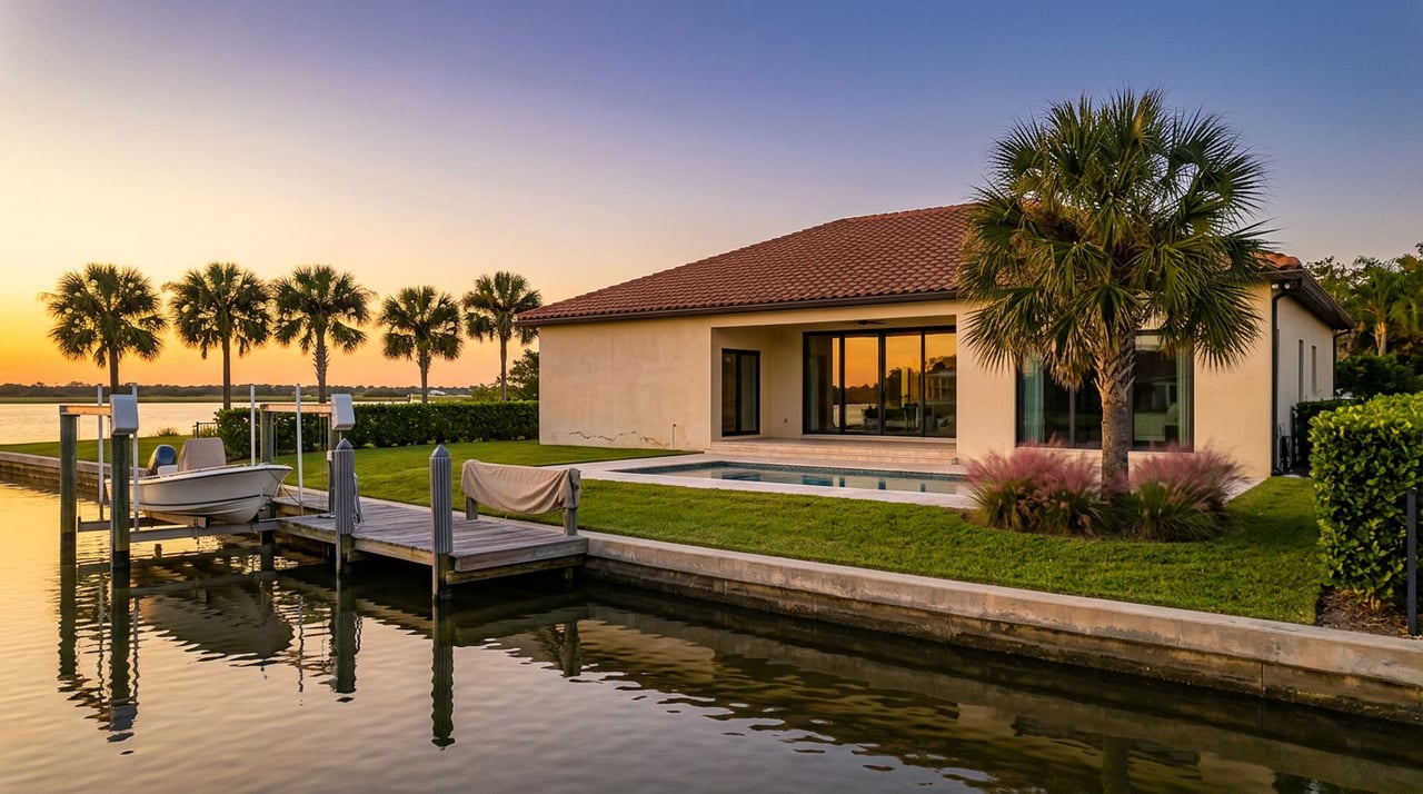 Waterfront home with a terracotta tile roof, pool, weathered dock, and small boat beside a palm-lined canal at sunset.