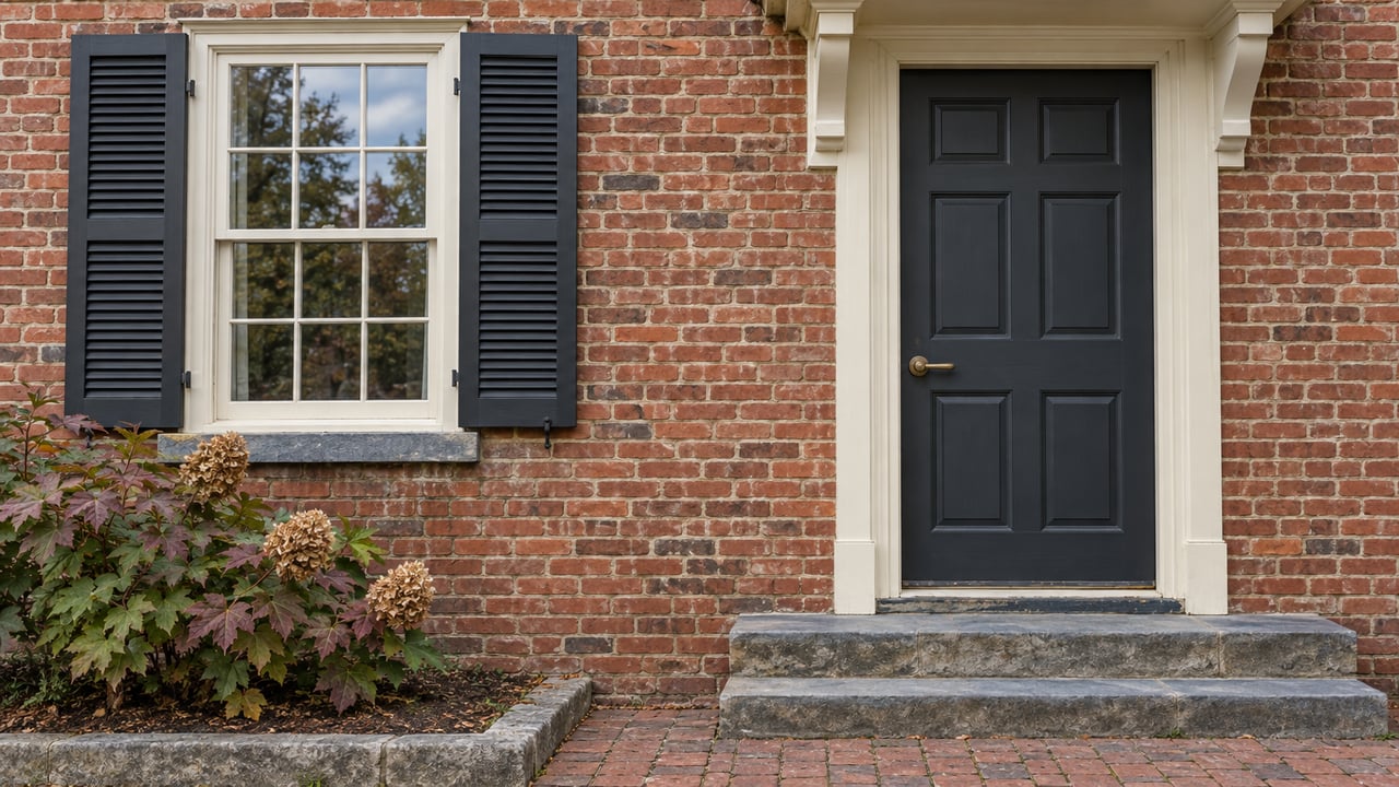 Red-brick home entrance with a charcoal door, paired window shutters, worn stone steps and an oakleaf hydrangea.