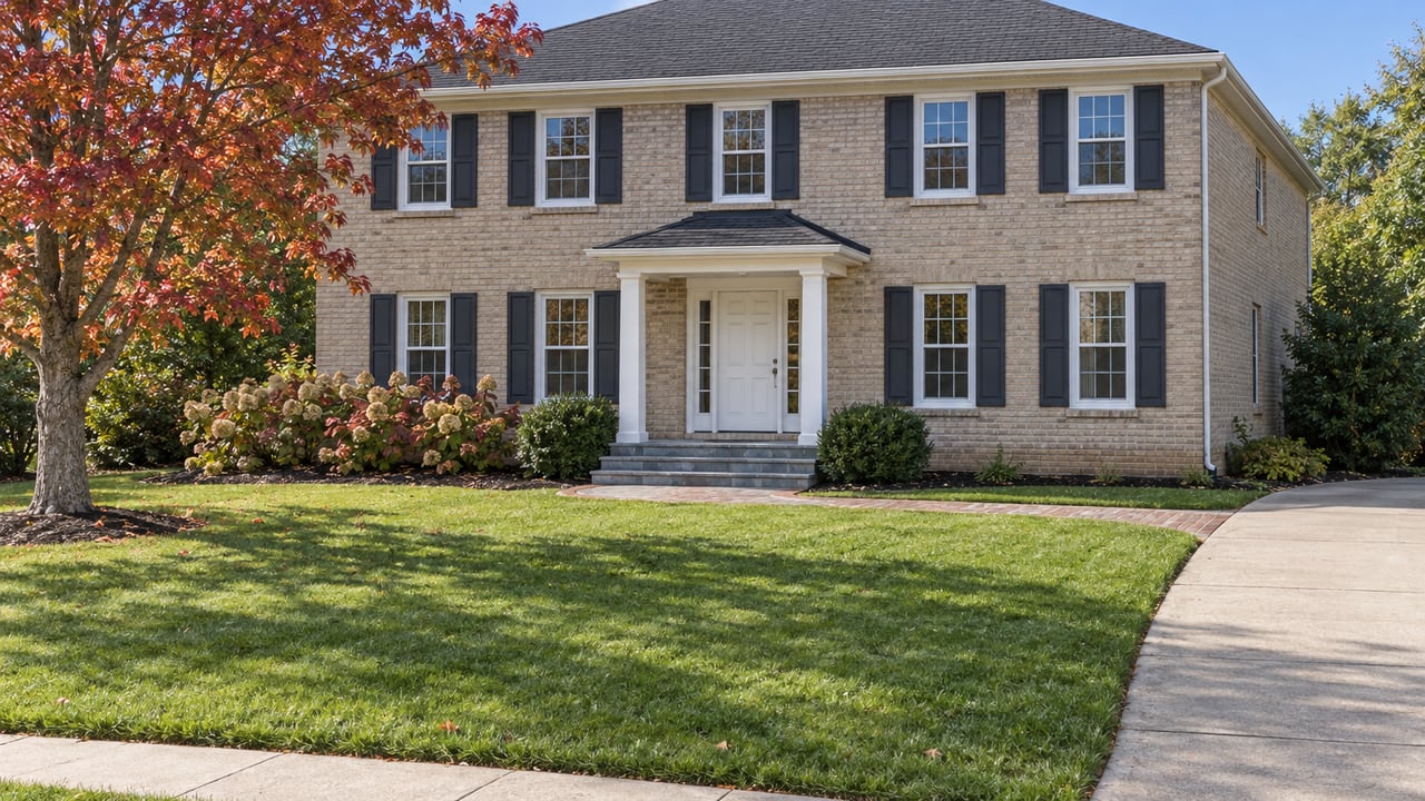 An established two-story pale brick home with a broad front lawn, curved driveway and early-autumn maple foliage.