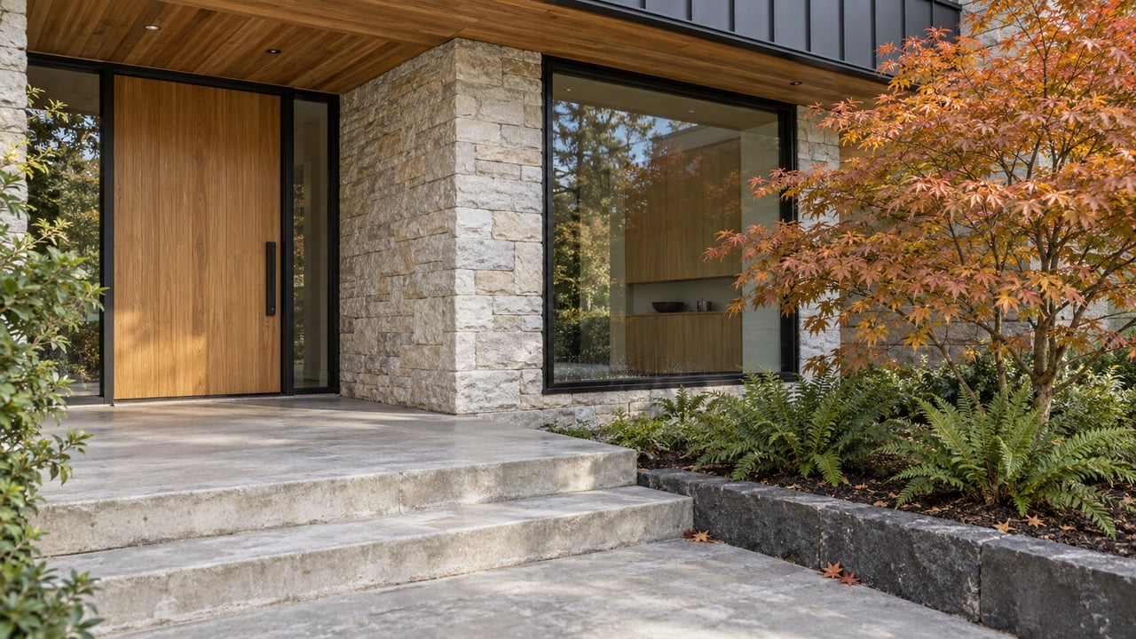 Contemporary house entrance with an oak door, stone pier, concrete steps, and copper-orange maple leaves.