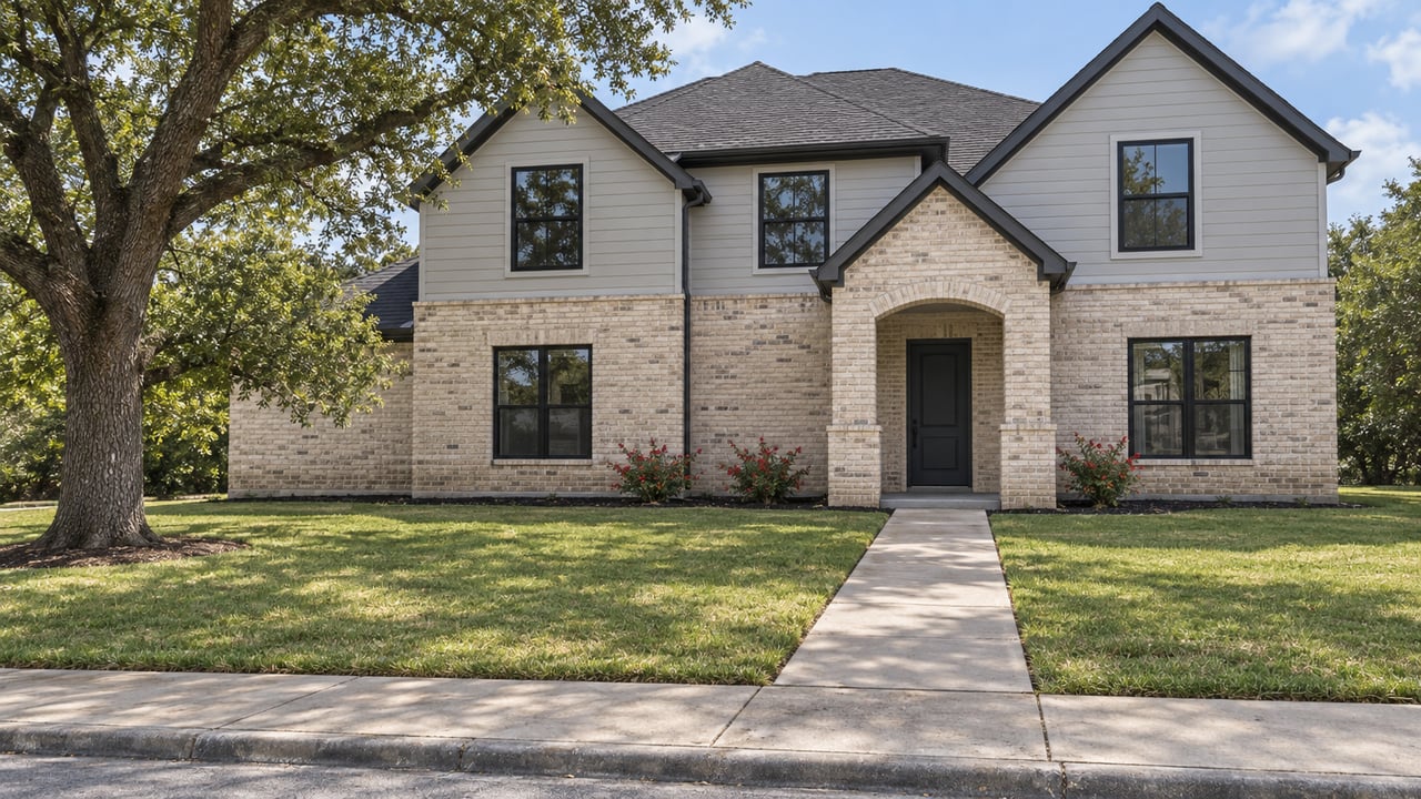 A two-story gabled home with cream brick, light siding and black-framed windows beyond a broad lawn and concrete entry walk.