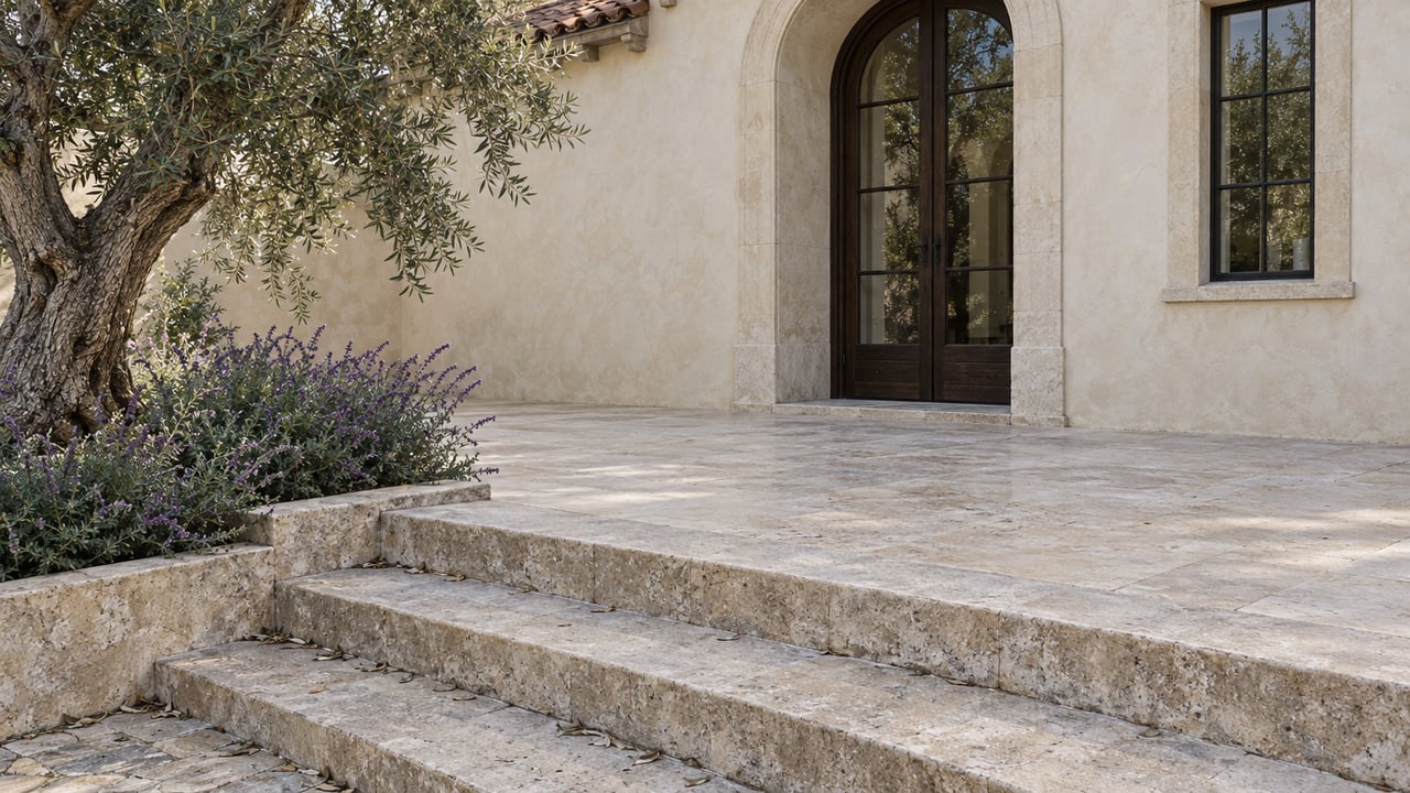 Estate terrace with broad limestone steps, a cream stucco façade, and an olive tree.