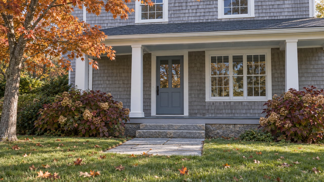 Silvered cedar-shingle home with a sheltered blue-gray entry, granite steps, and burgundy oakleaf hydrangeas beside an autumn lawn.