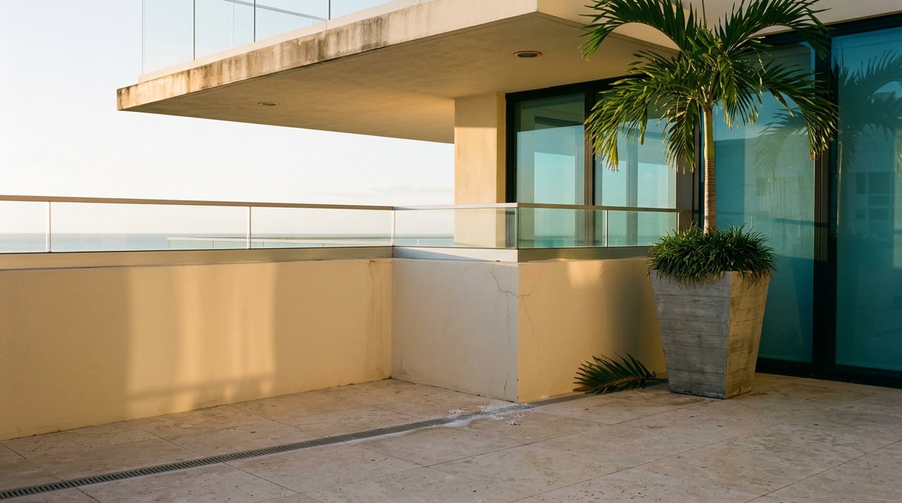 High-rise terrace with a cantilevered concrete balcony, glass railing, and potted palm beside blue-green windows.