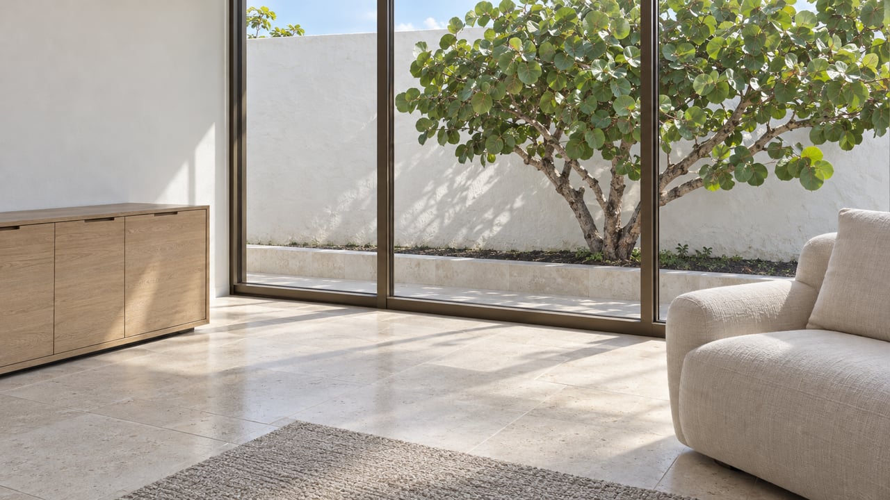 Sunlit living room with limestone floors, an oak cabinet and an ivory chair beside bronze-framed windows overlooking a sea grape tree.