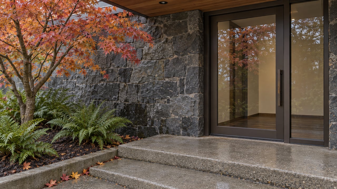 A basalt-clad home entry with a closed bronze-framed glass door, damp concrete steps, and an autumn vine maple above sword ferns.