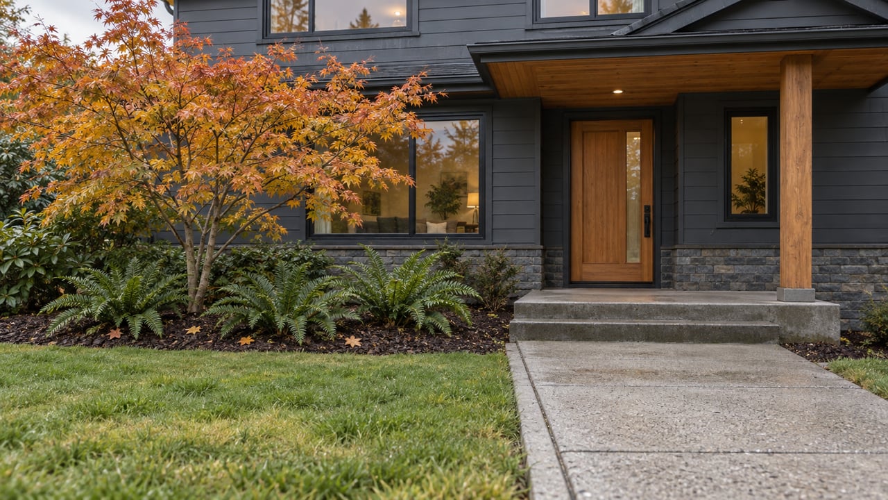 A charcoal-sided home with a cedar-covered entry, basalt base and autumn vine maple beside a weathered concrete approach.