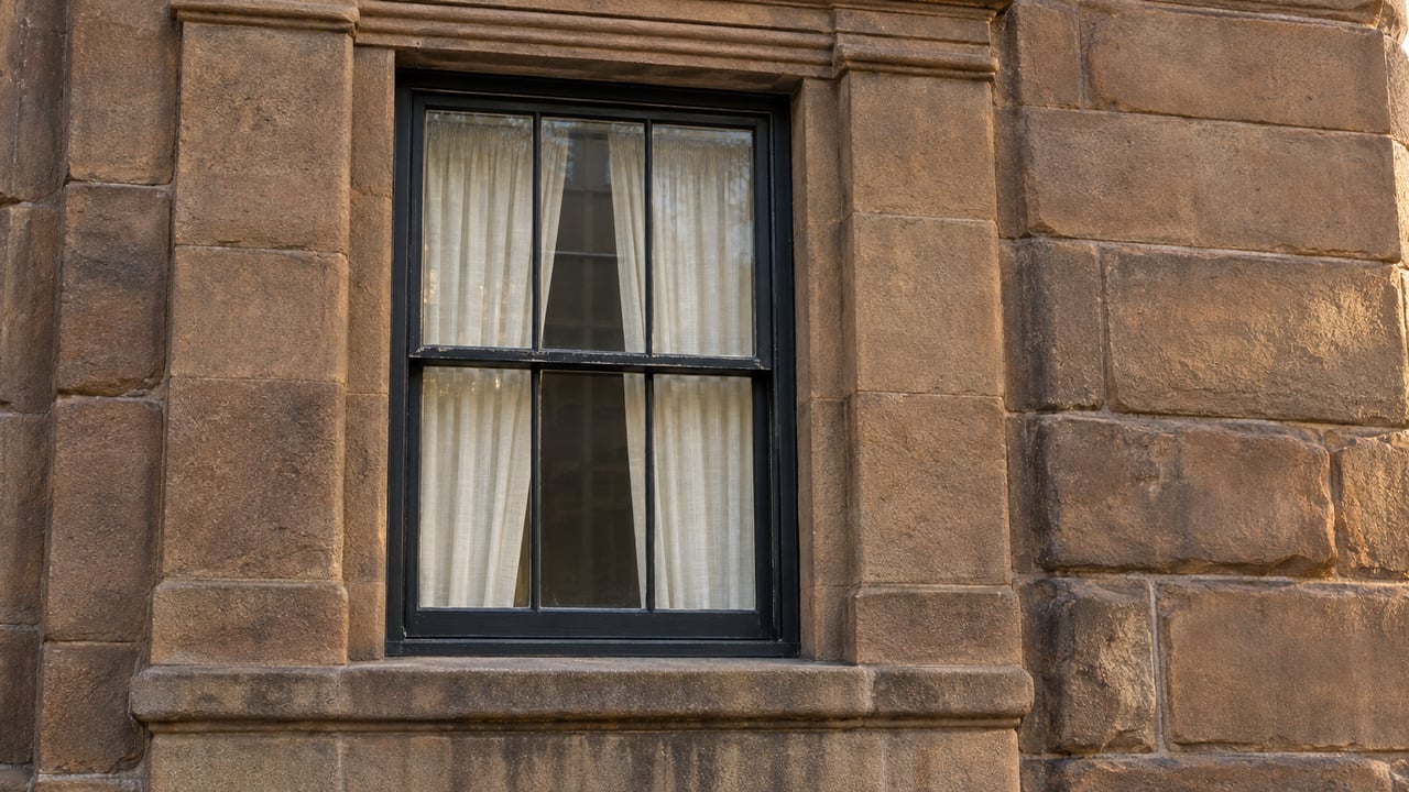 Weathered brown sandstone framing a black-painted divided-light townhouse window with ivory curtains behind closed glass.
