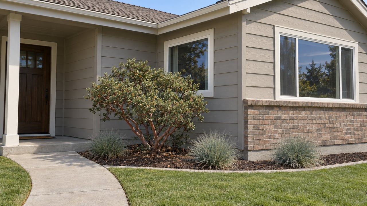 Warm gray-sided home with a recessed entry, brick beneath one window, and sculptural shrubs beside the lawn.