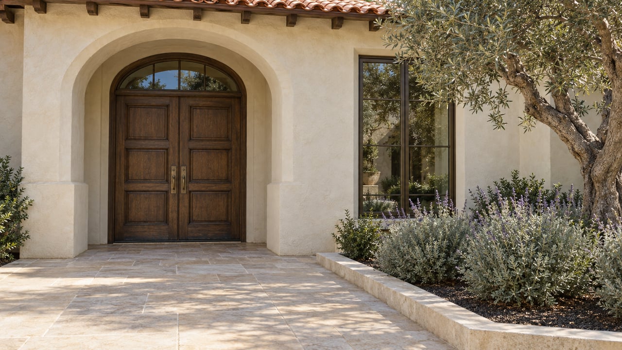 Warm stucco estate entrance with paired oak doors, clay roof tiles, limestone paving and a sculptural olive tree.